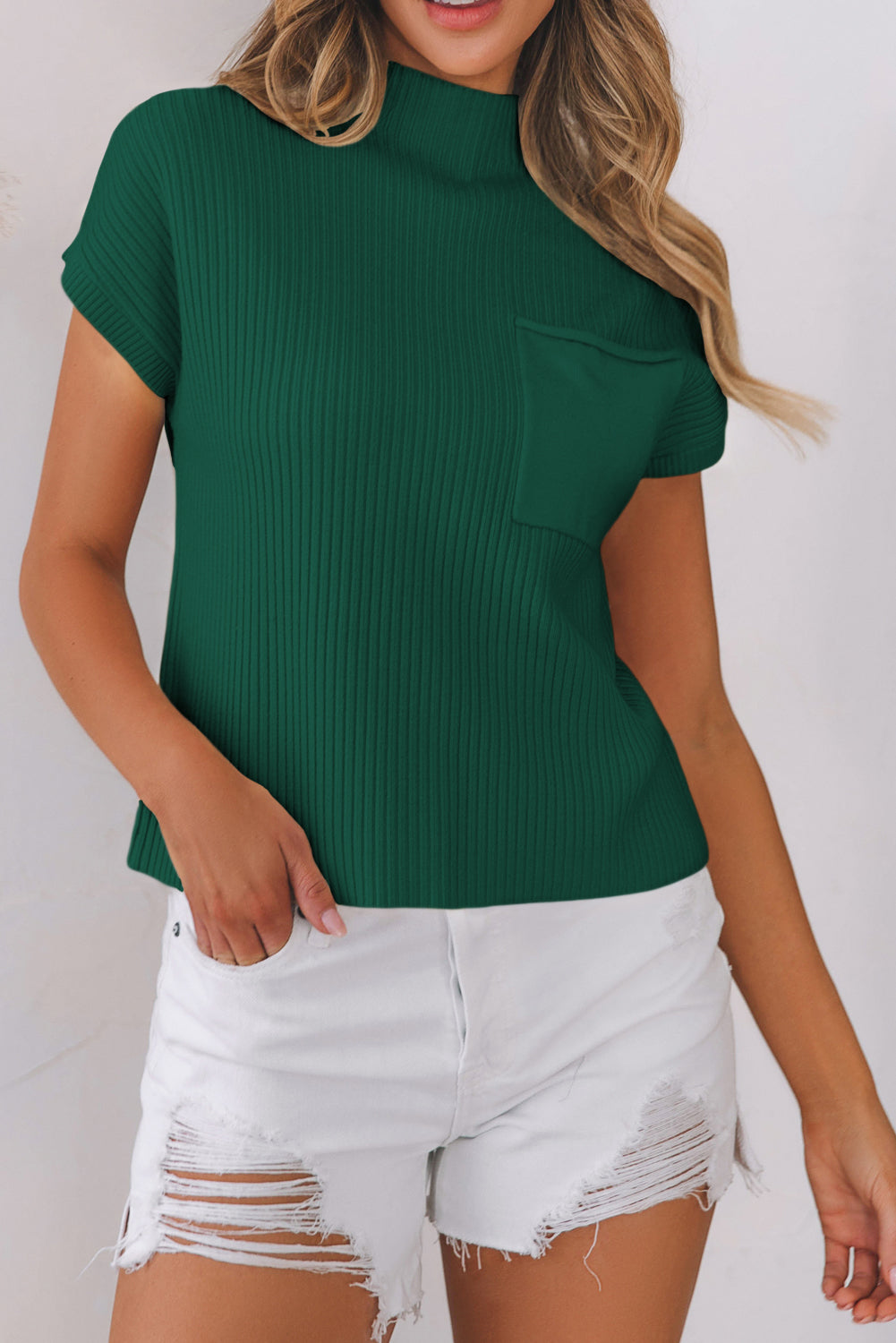 Apricot Ribbed V Neck Patched Chest Pocket Knit T-shirt