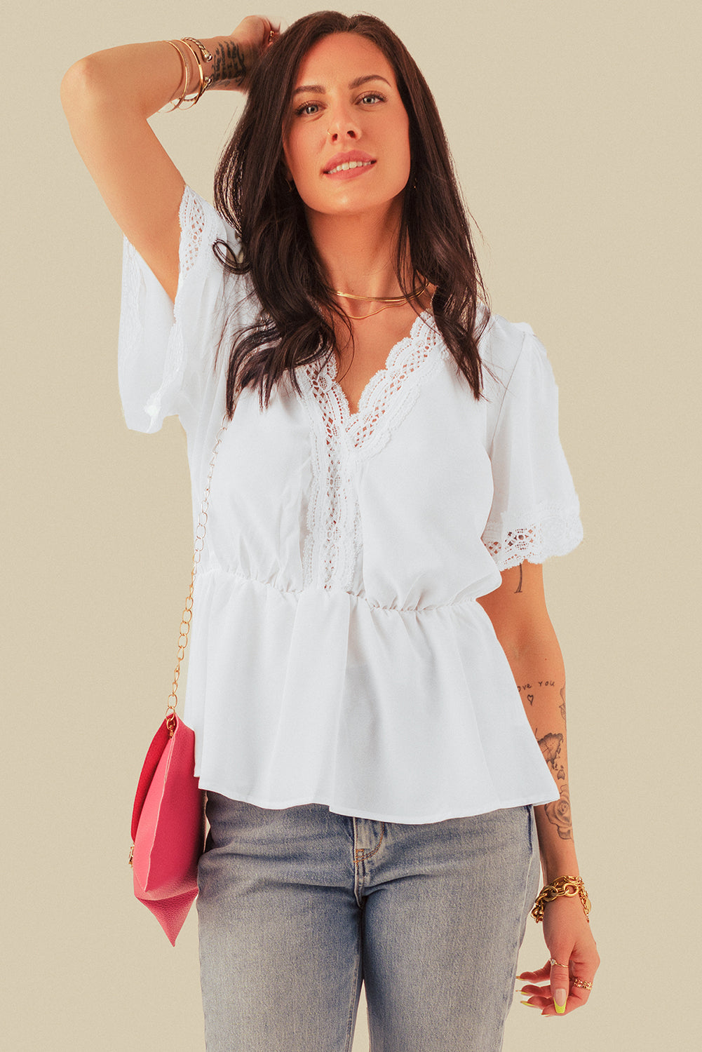 Black Lace Splicing V Neck Short Sleeve Blouse