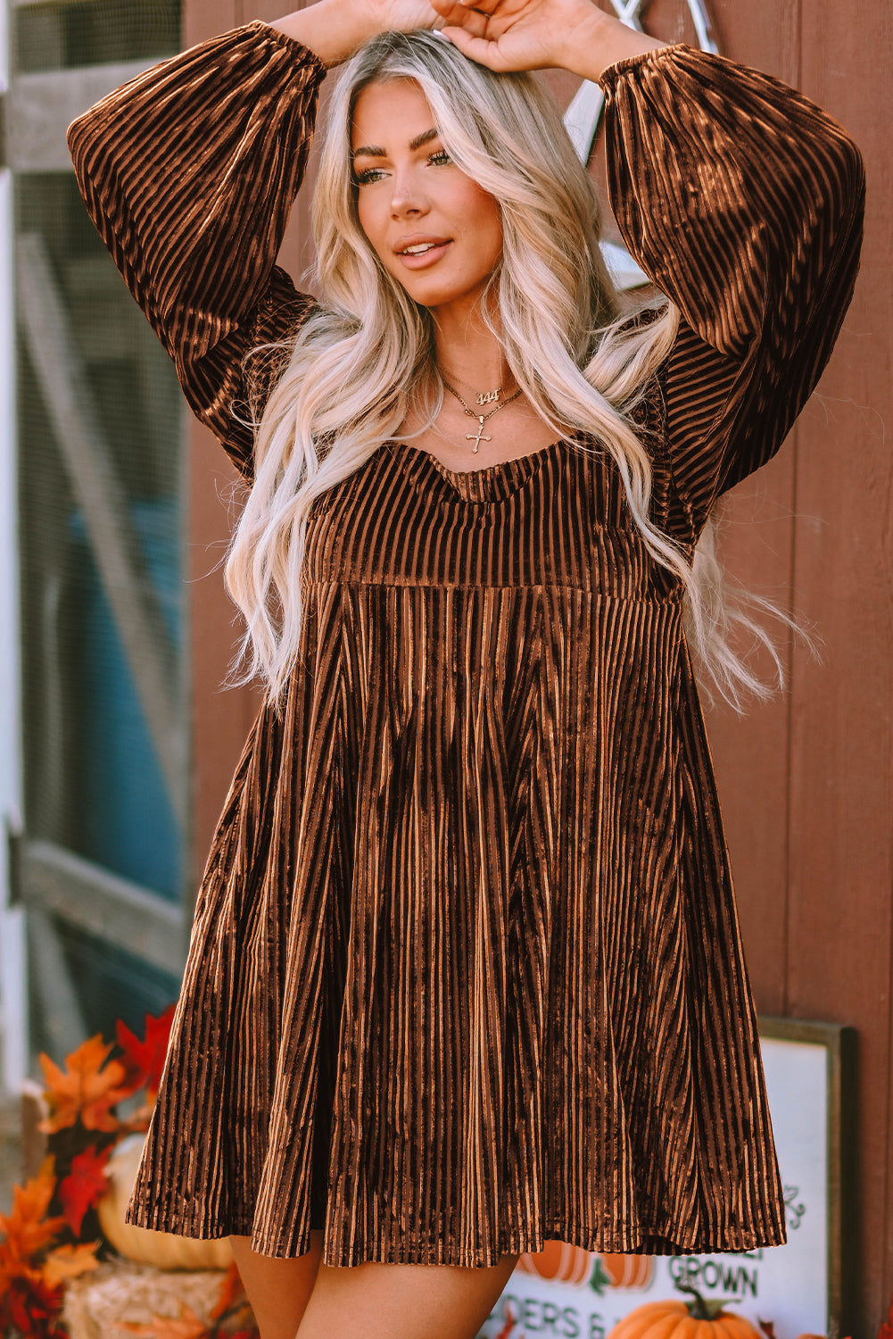 Blackish Green Smocked Ribbed Velvet Babydoll Top