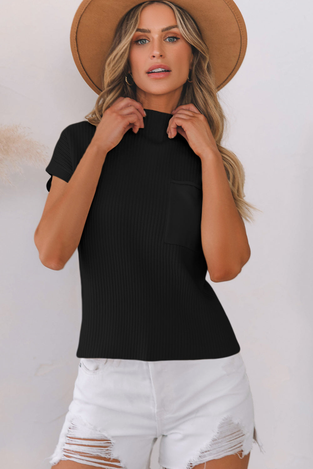 Apricot Ribbed V Neck Patched Chest Pocket Knit T-shirt