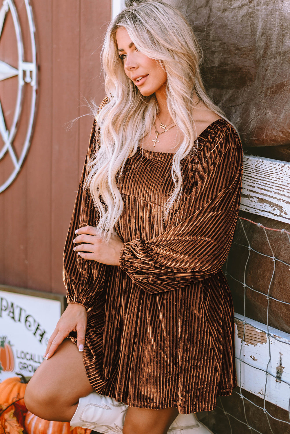 Blackish Green Smocked Ribbed Velvet Babydoll Top