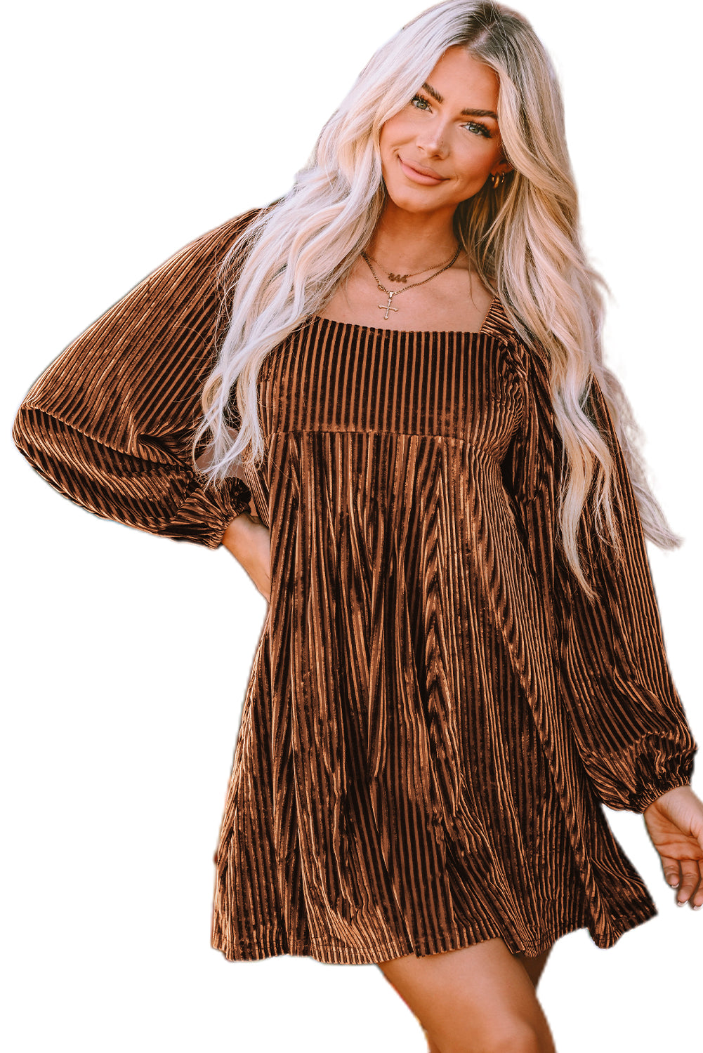 Blackish Green Smocked Ribbed Velvet Babydoll Top