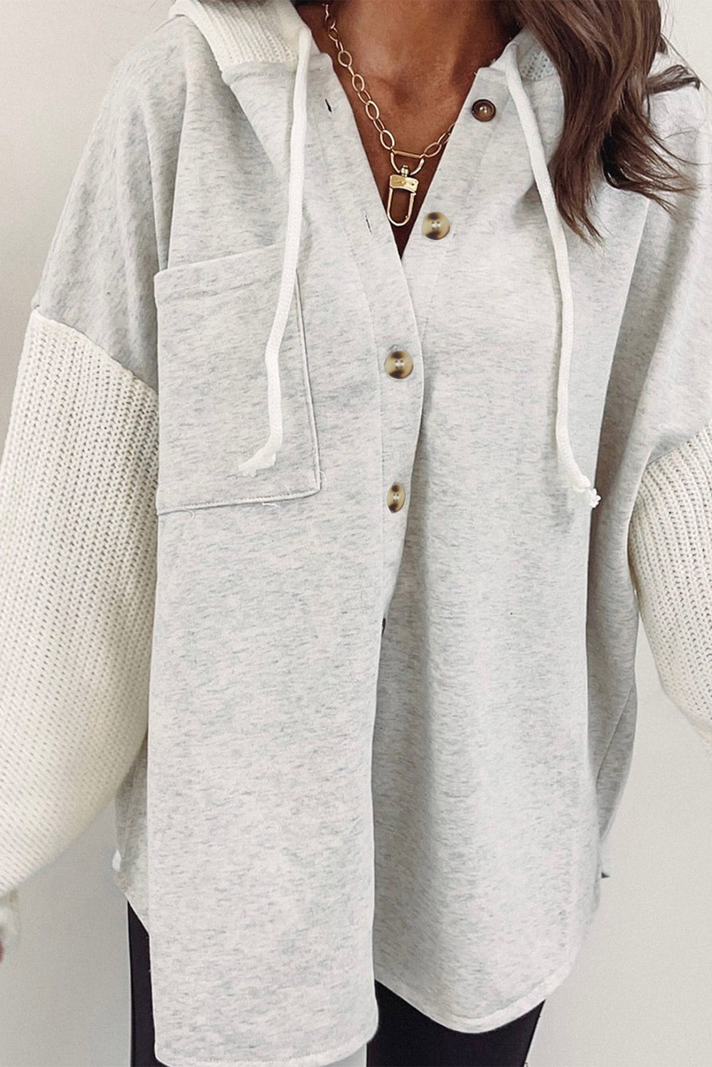 Gray Contrast Knitted Sleeves Plus Size Hoodie