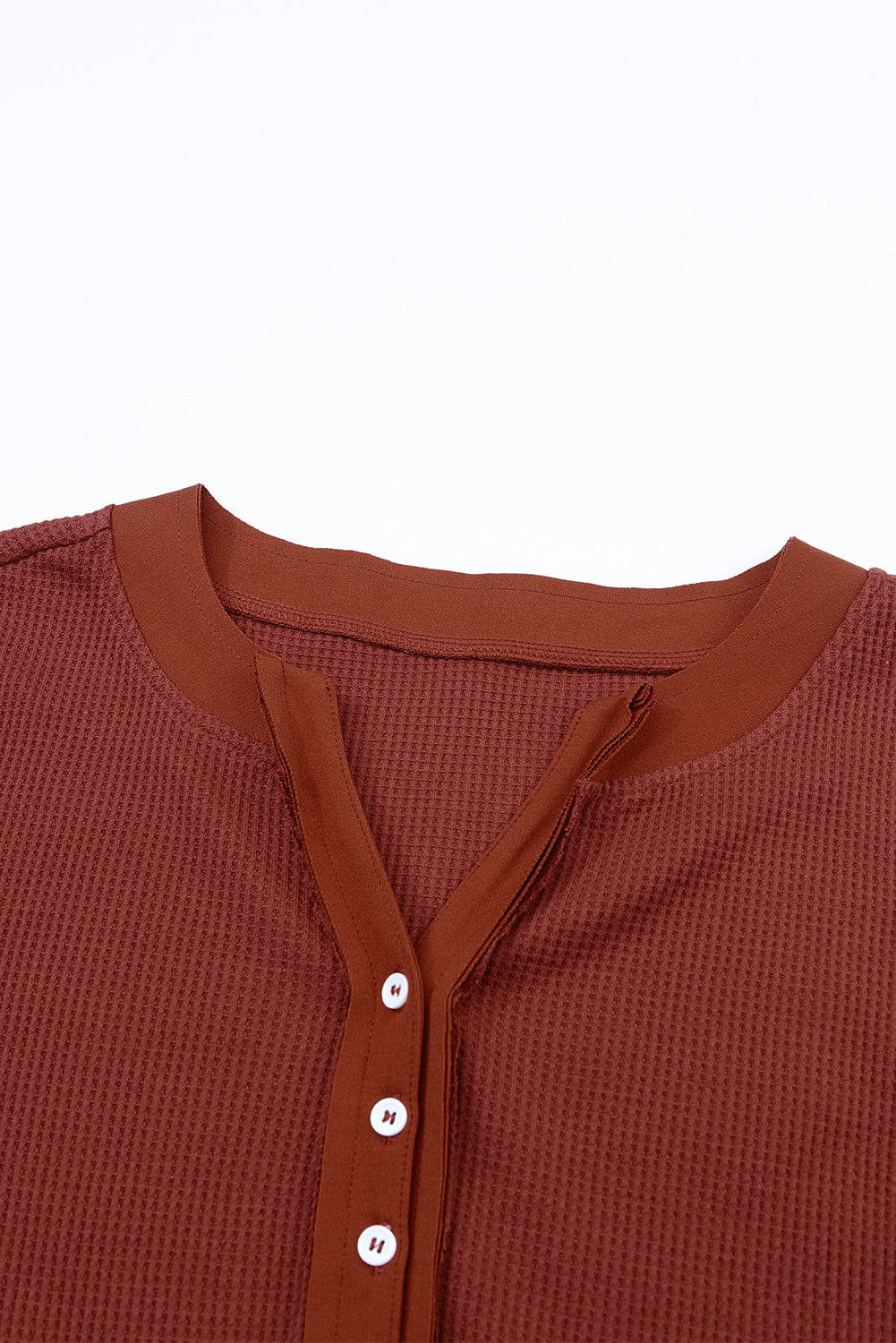 Brown Trimmed Neckline Waffle Knit Henley Top