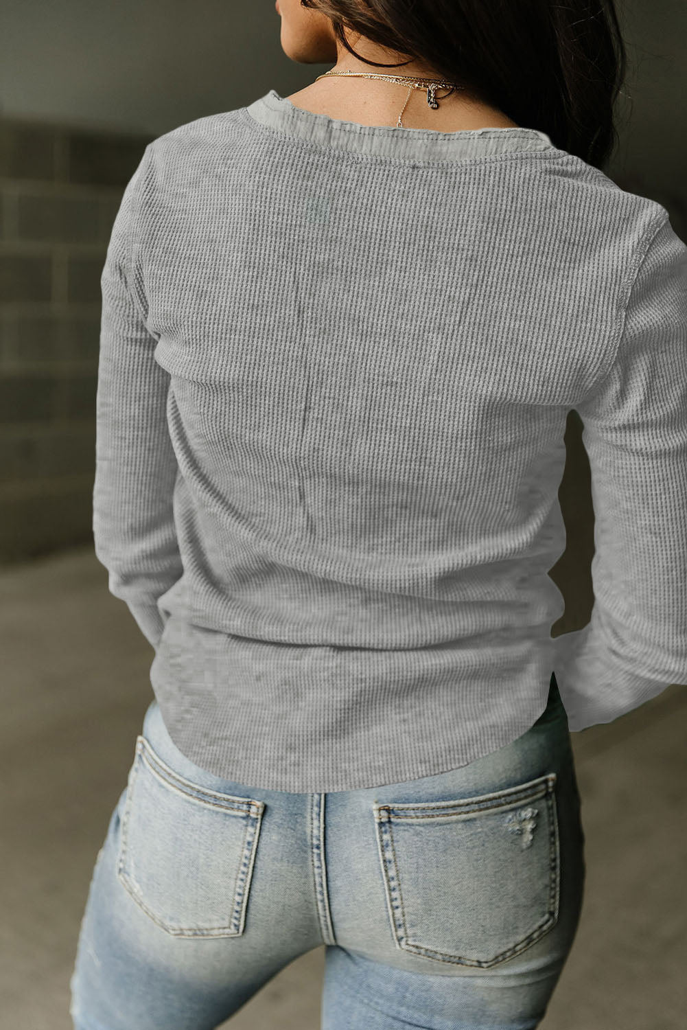 Brown Trimmed Neckline Waffle Knit Henley Top
