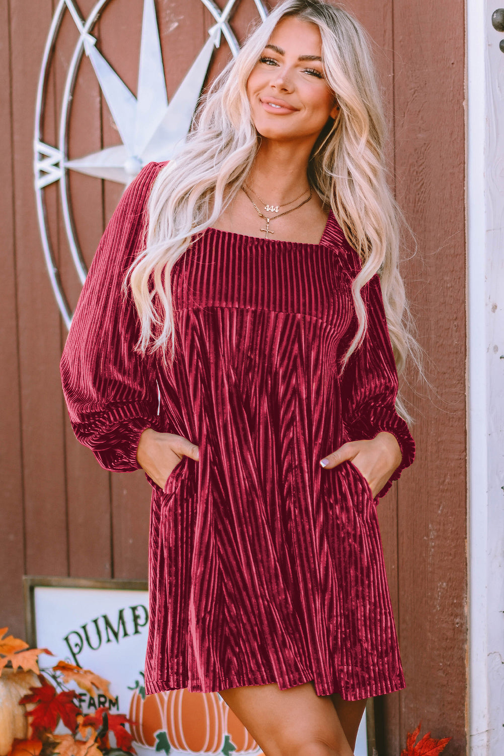 Blackish Green Smocked Ribbed Velvet Babydoll Top