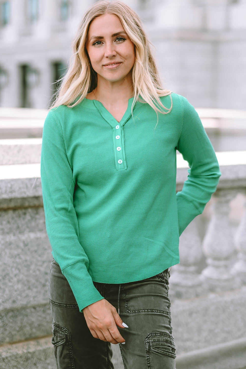 Brown Trimmed Neckline Waffle Knit Henley Top