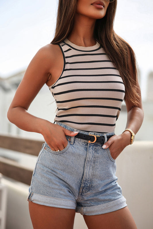 Black Striped Print Ribbed O-neck Sleeveless Top
