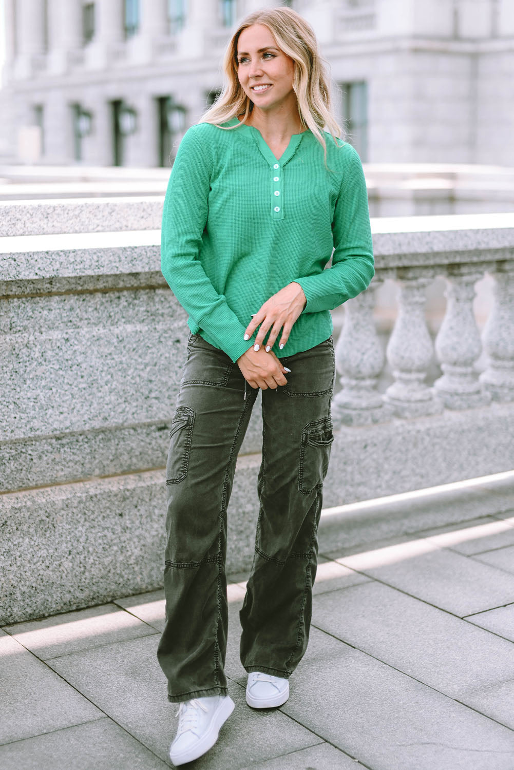Brown Trimmed Neckline Waffle Knit Henley Top