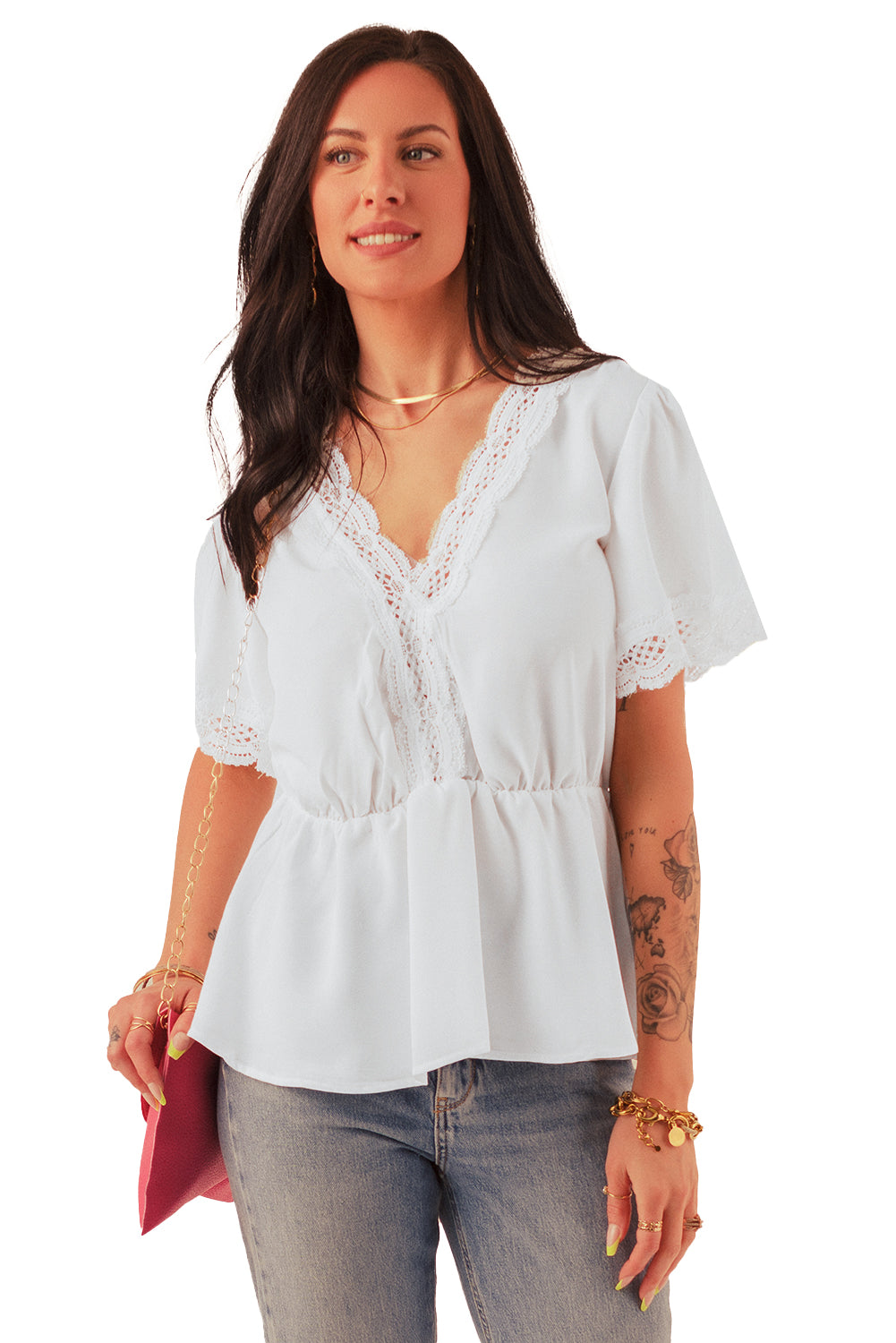 Black Lace Splicing V Neck Short Sleeve Blouse