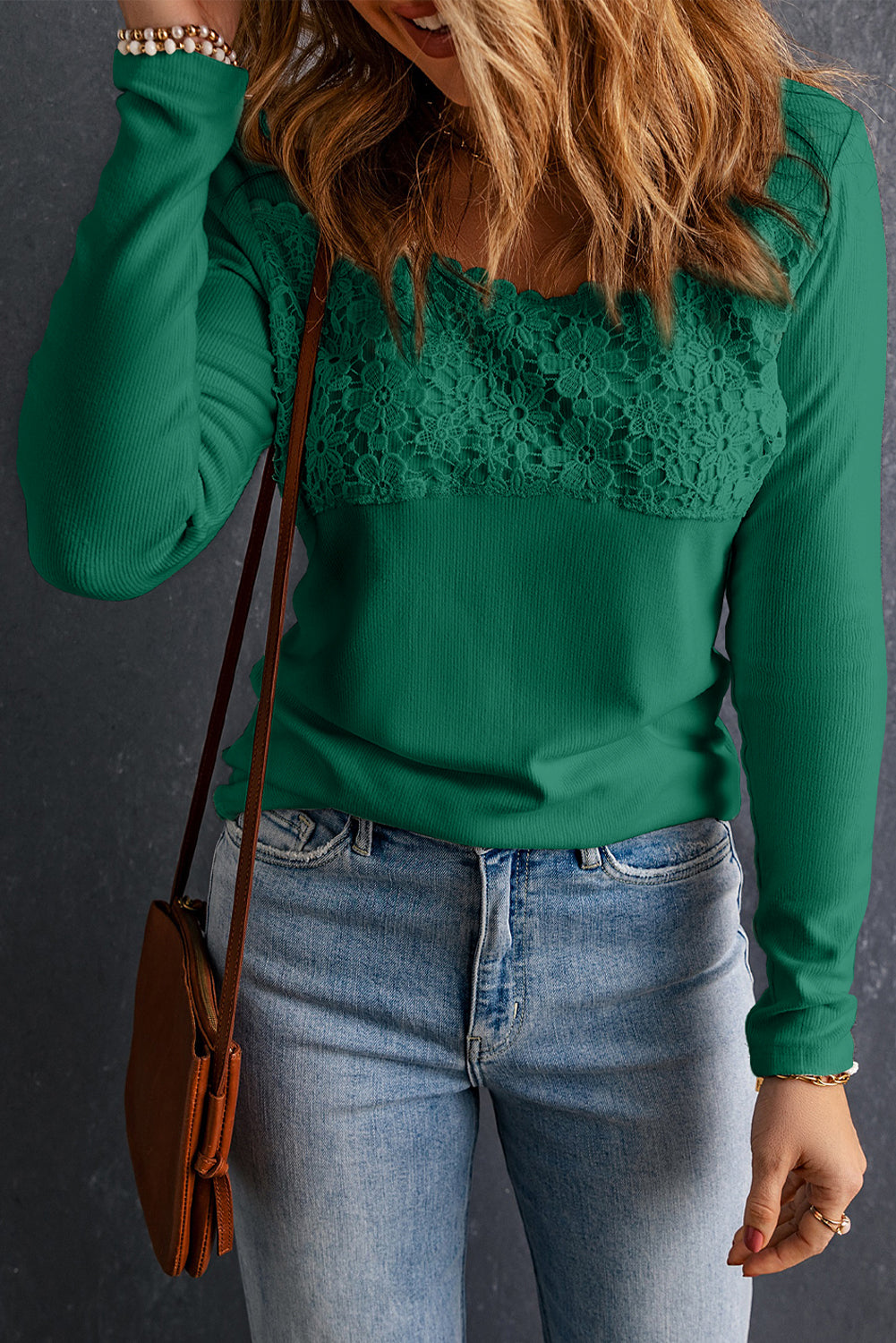 Red Lace Crochet V Neck Long Sleeve Top