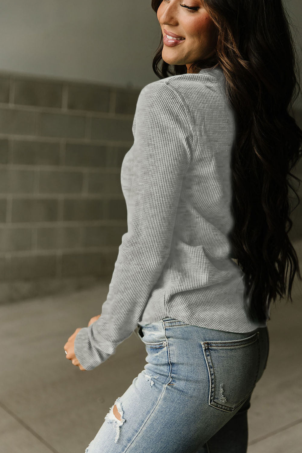 Brown Trimmed Neckline Waffle Knit Henley Top