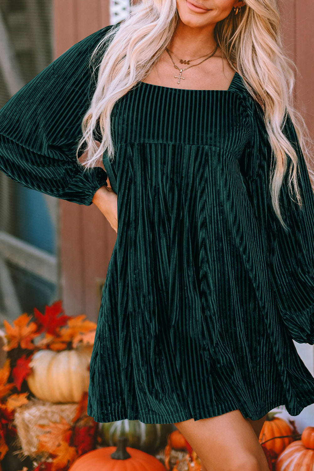 Blackish Green Smocked Ribbed Velvet Babydoll Top