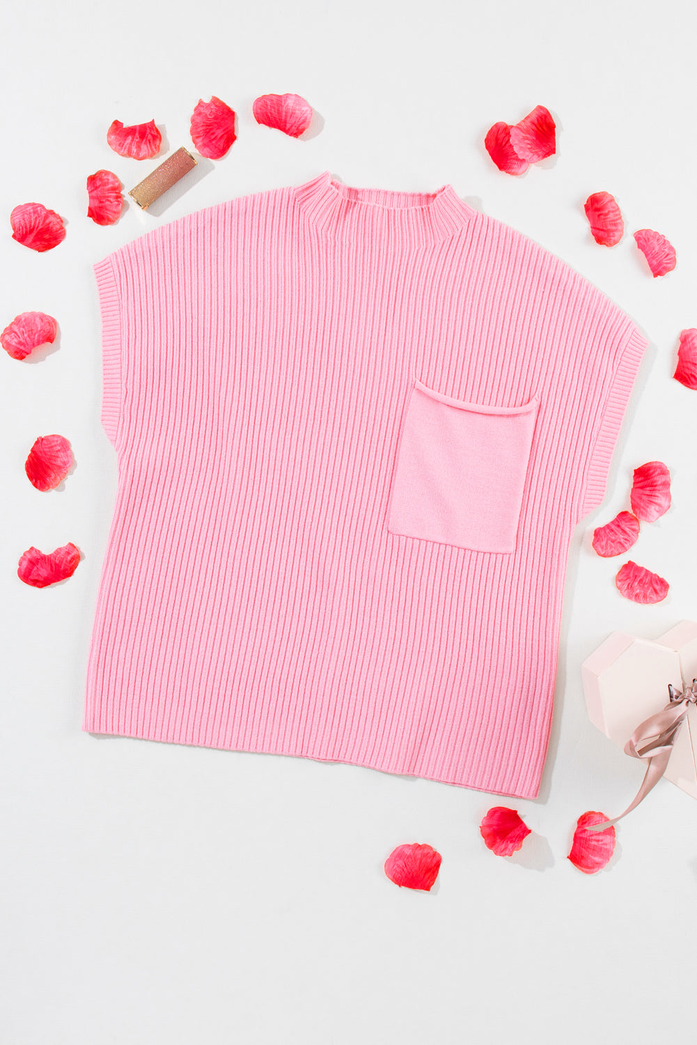 Apricot Ribbed V Neck Patched Chest Pocket Knit T-shirt