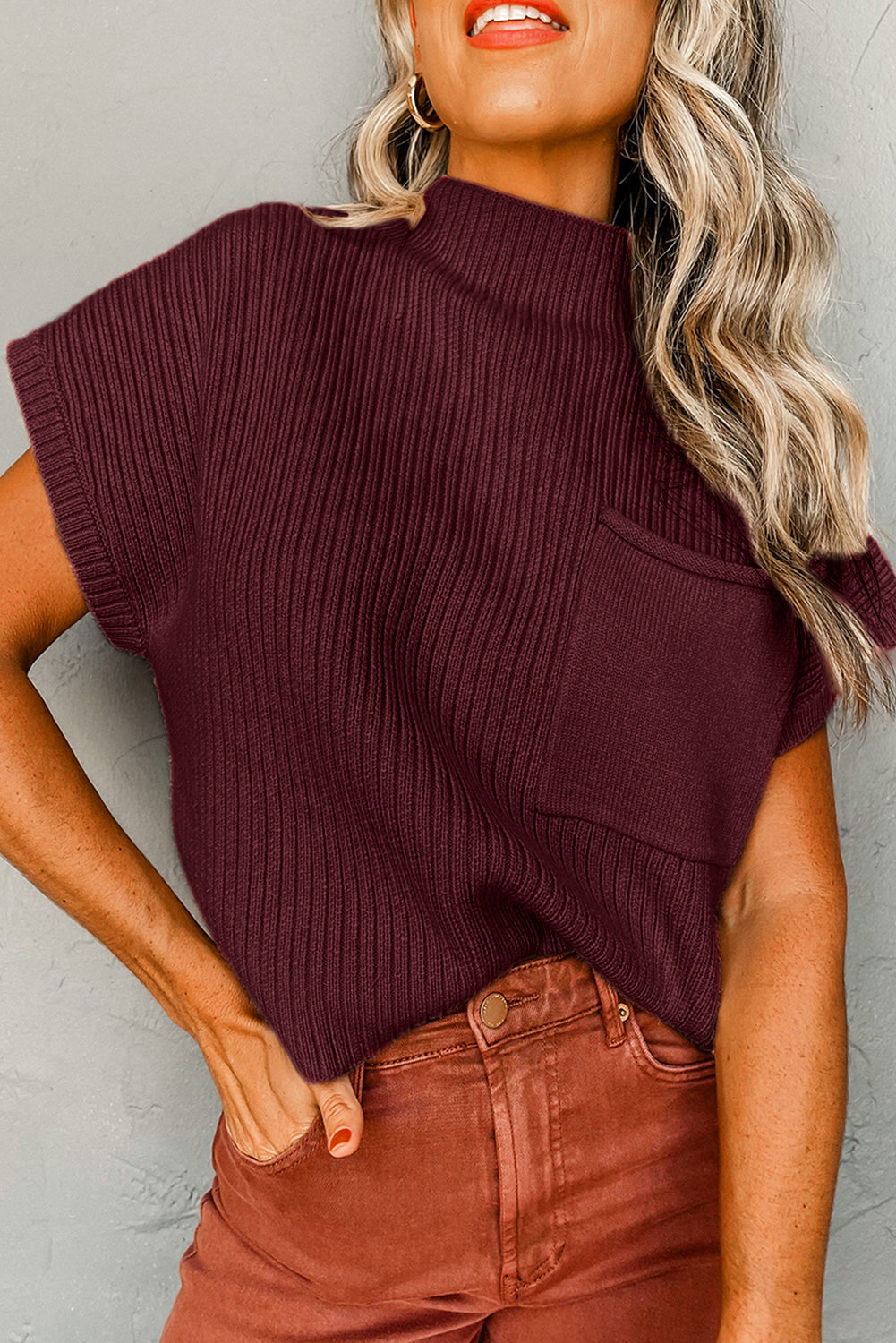 Jungle Green Plus Size Mock Neck Chest Pocket Short Sleeve Sweater