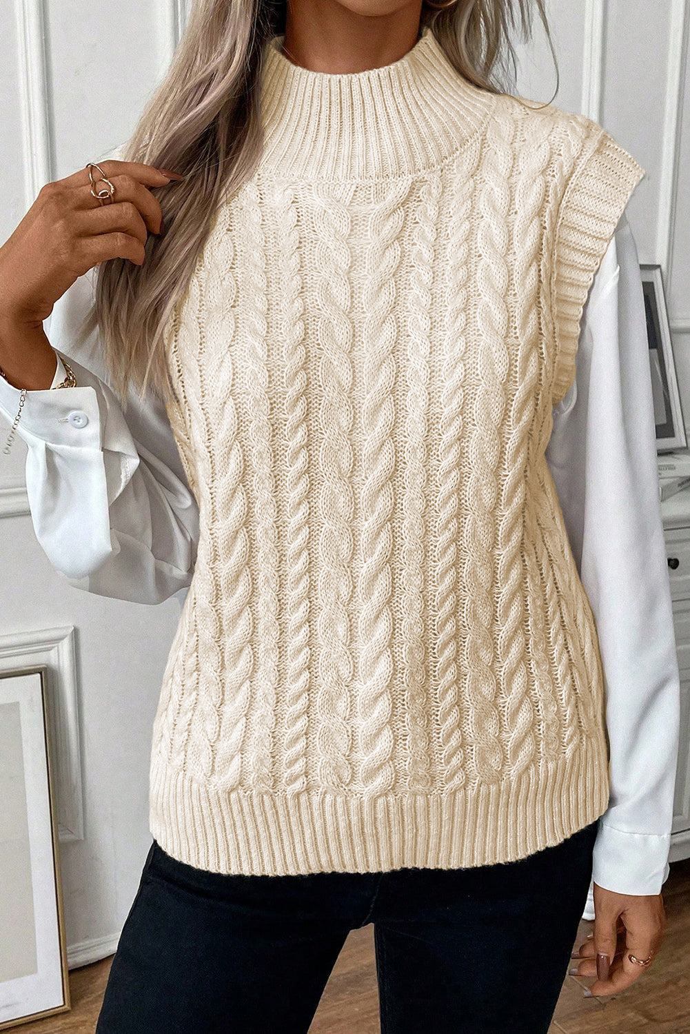 Black Cable Knit High Neck Sweater Vest