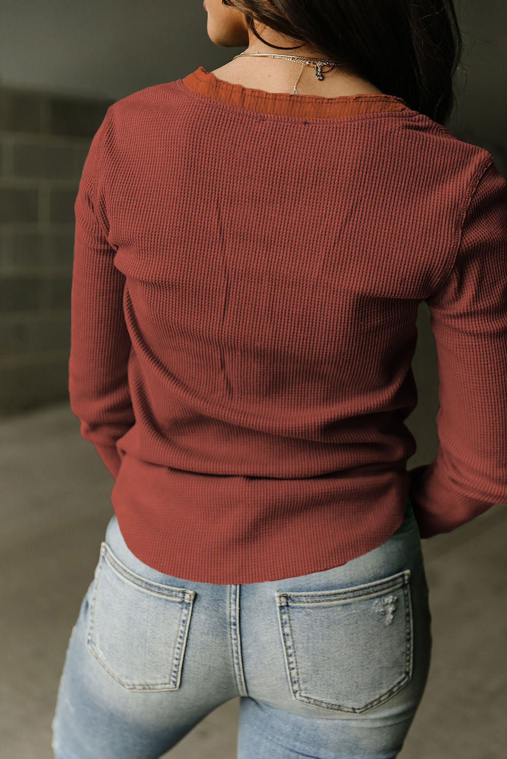 Brown Trimmed Neckline Waffle Knit Henley Top