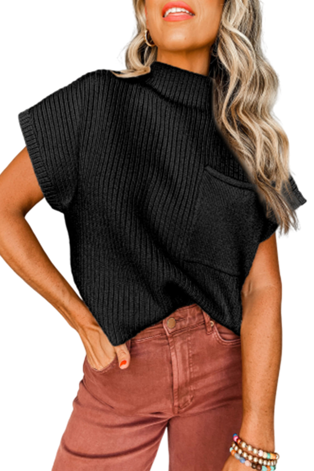 Jungle Green Plus Size Mock Neck Chest Pocket Short Sleeve Sweater