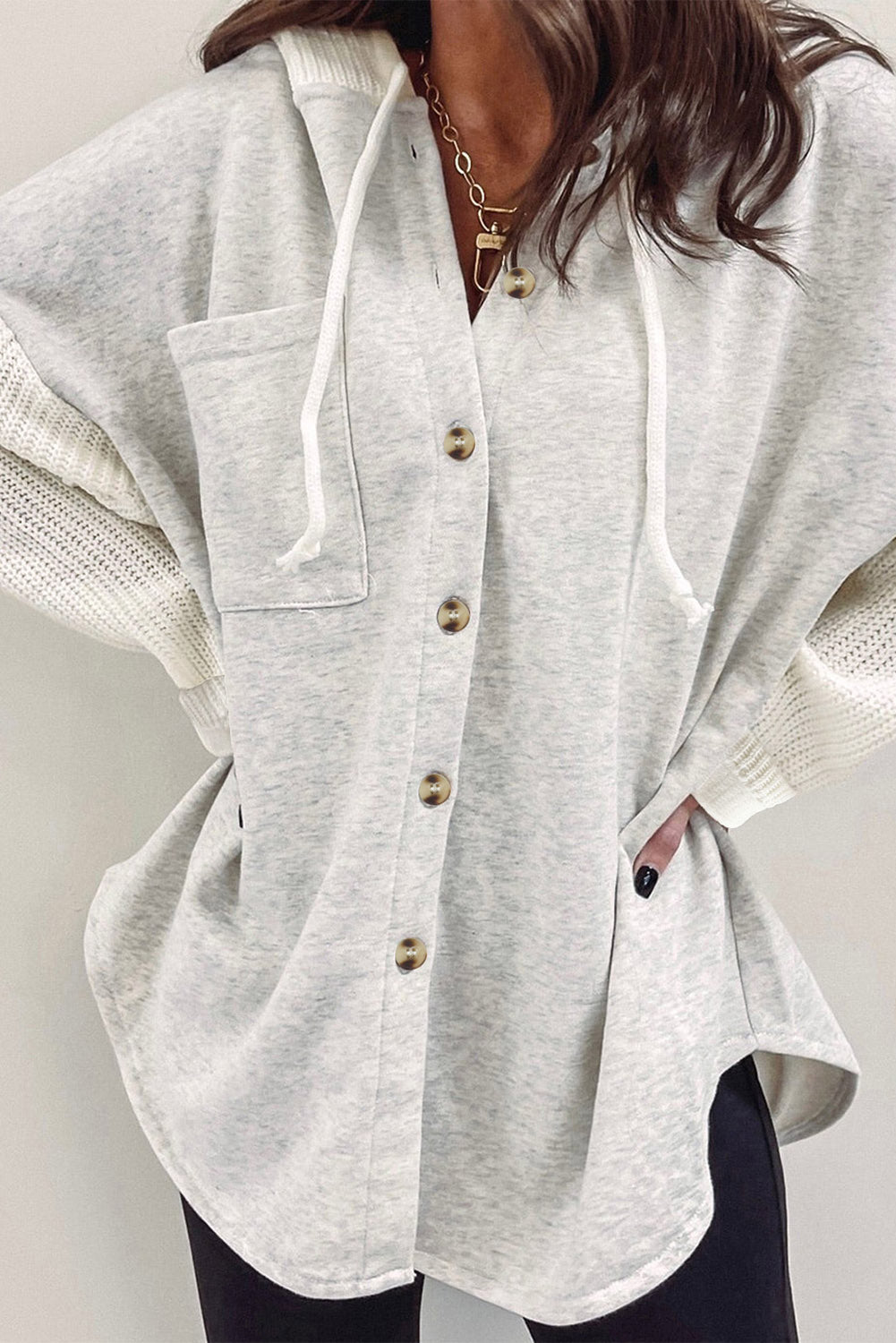 Gray Contrast Knitted Sleeves Plus Size Hoodie
