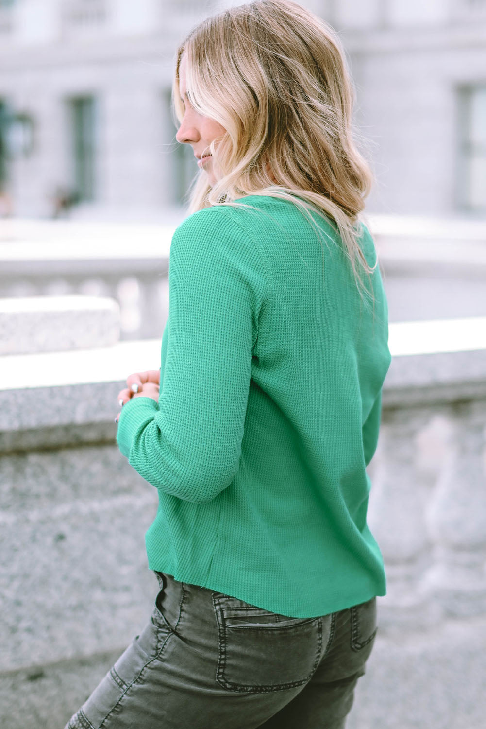 Brown Trimmed Neckline Waffle Knit Henley Top