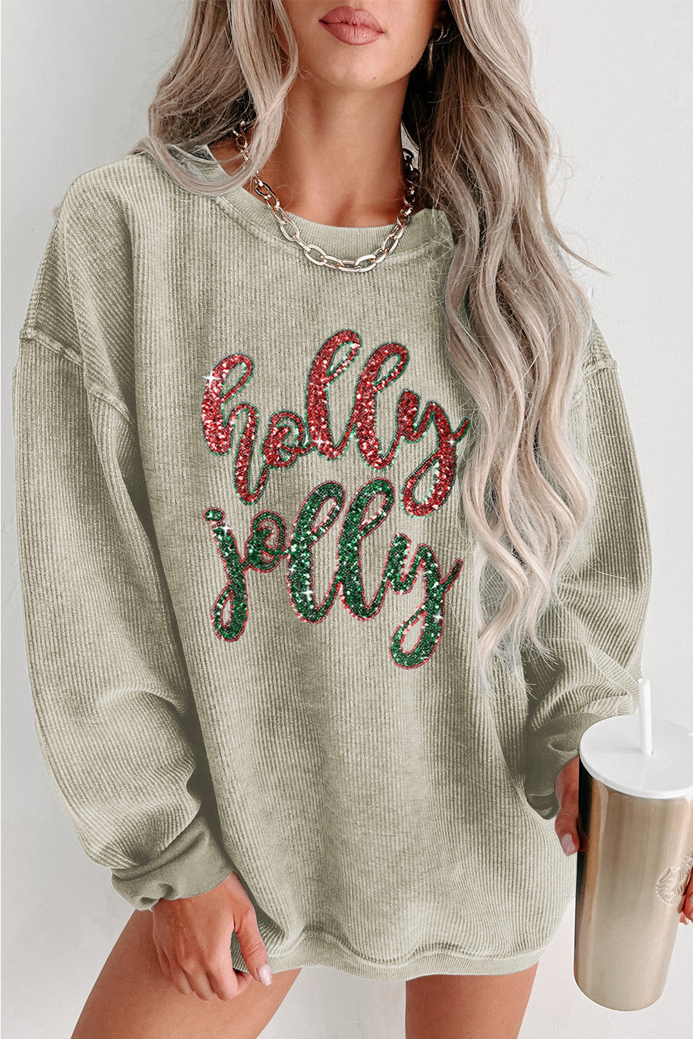 Black Plus Size HO HO HO Santa Graphic Corded Sweatshirt