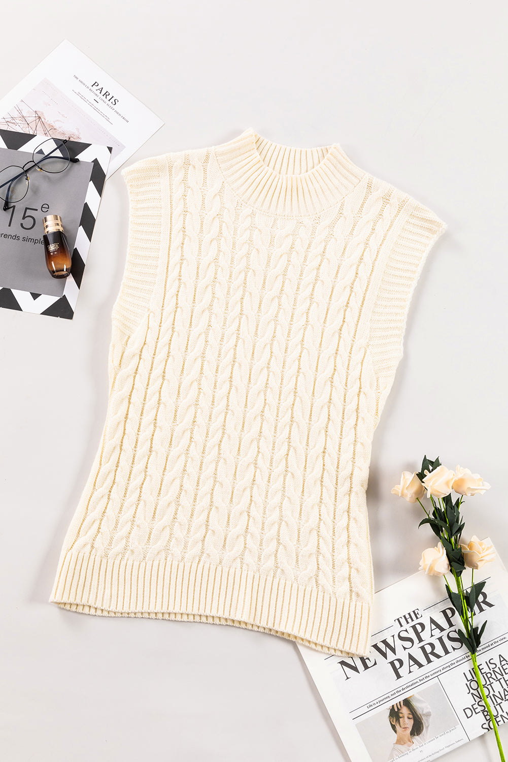 Black Cable Knit High Neck Sweater Vest