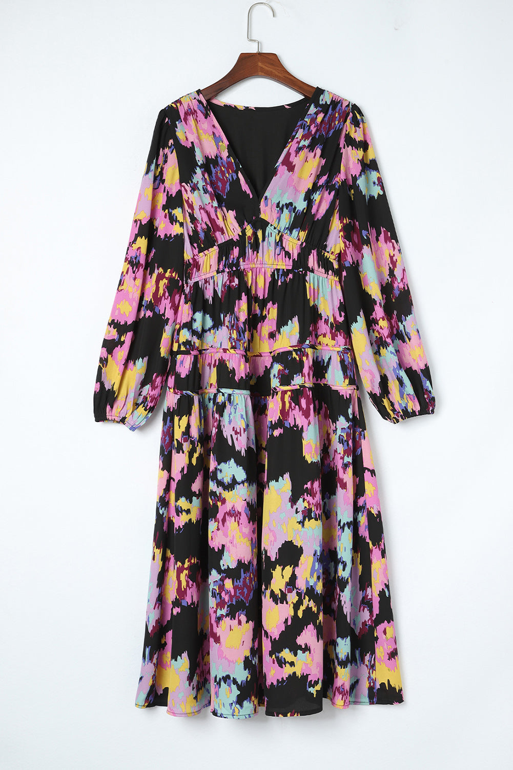 Green Abstract Print Frilled Neck Gigot Sleeve Dress with Waist Tie