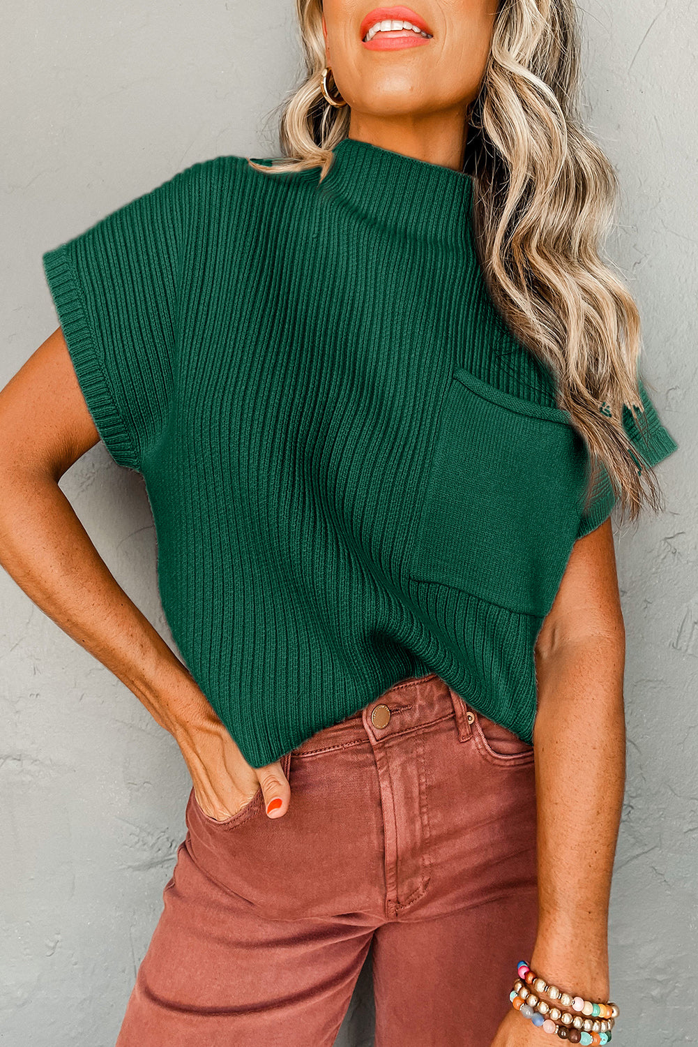 Jungle Green Plus Size Mock Neck Chest Pocket Short Sleeve Sweater