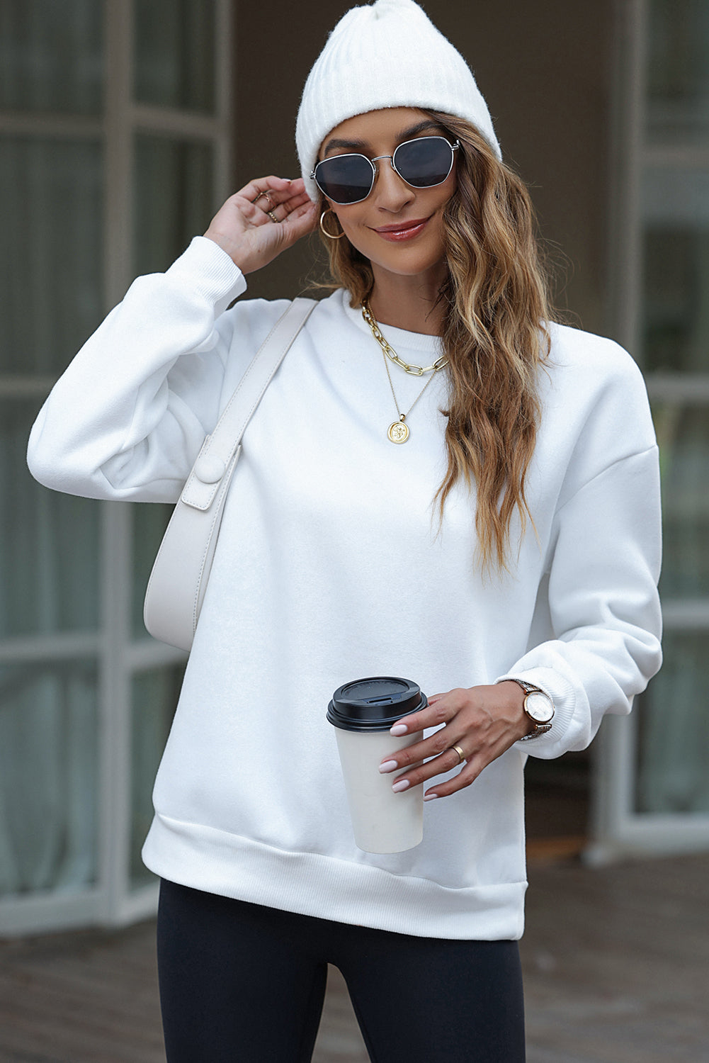 White LOVE Chenille Embroidered Cable Knit Pullover Sweatshirt