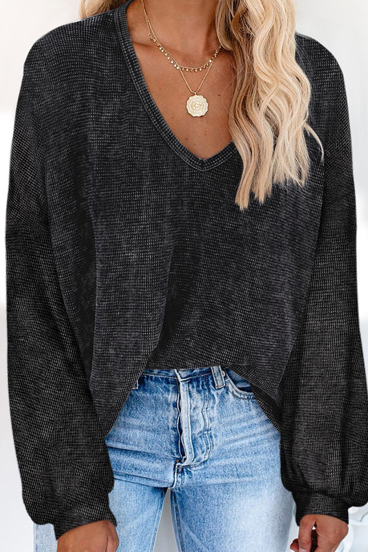 Red Waffle Knit V Neck Long Sleeve Loose Tunic Top