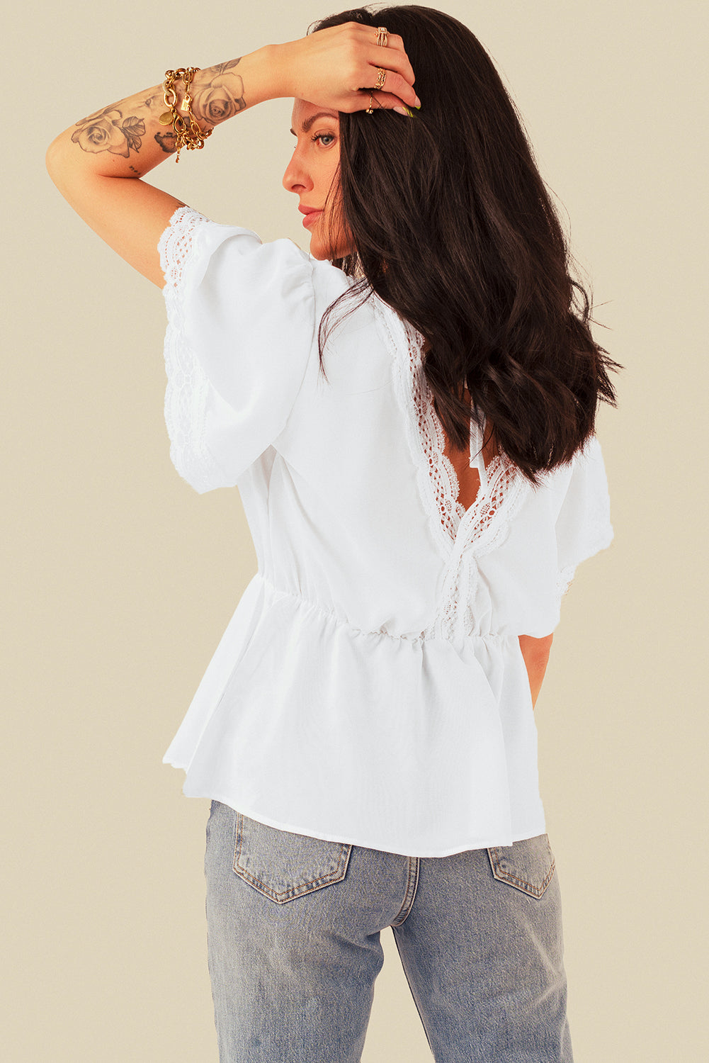 Black Lace Splicing V Neck Short Sleeve Blouse