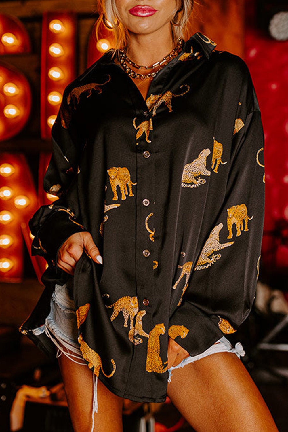Black Plus Size Cheetah Print Puff Sleeve Ruffle Mini Dress